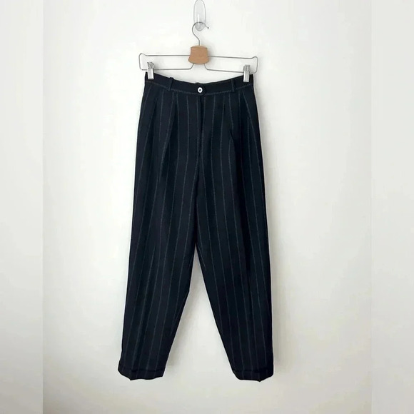Vintage  high waist double pleated navy blue stripes trouser pant - Picture 1 of 9